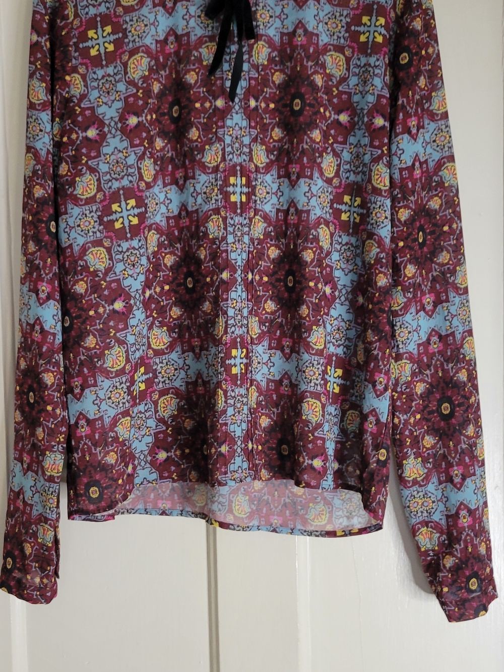 For Love & Lemons Burgundy and Light Blue Printed Tie-Neck Blouse